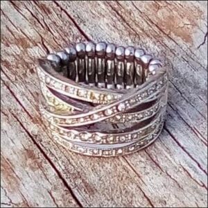 Vintage Adjustable Stretch Statement Ring Silver Tone Rhinestone Wide Size 9